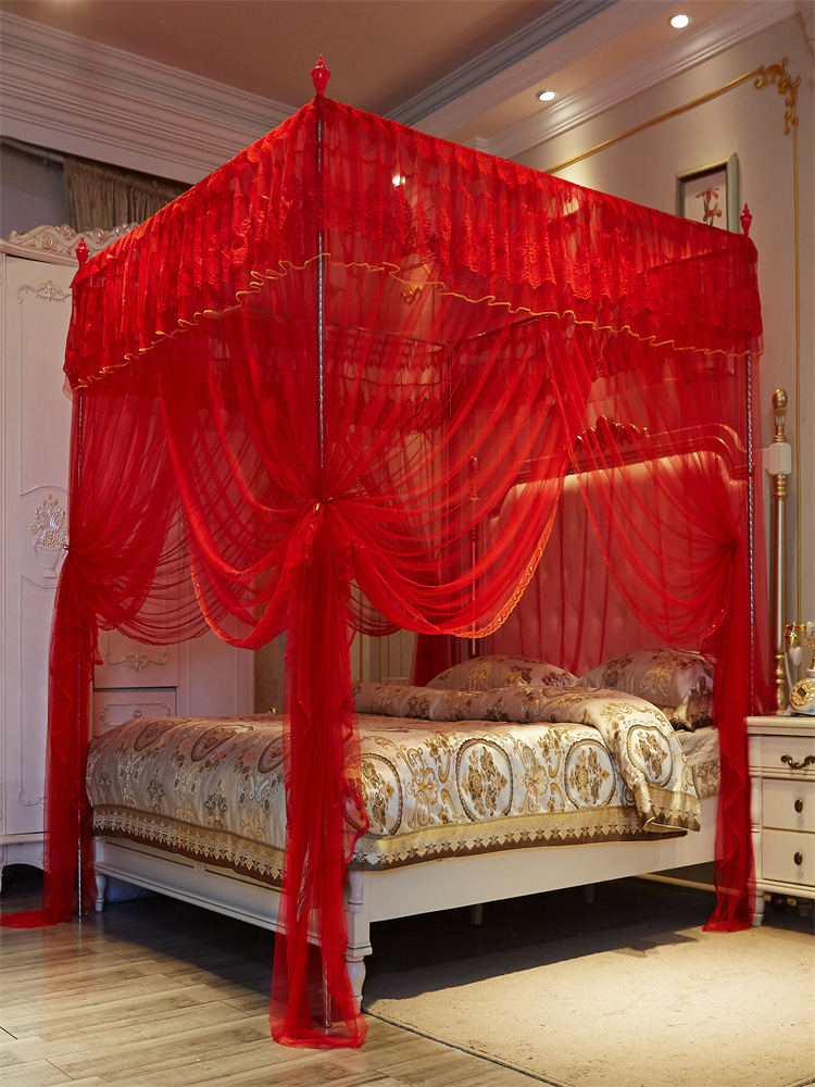 蚊帐结婚家用红色宫廷床帐落地婚房床幔加密单纹帐公主风帐子床帘