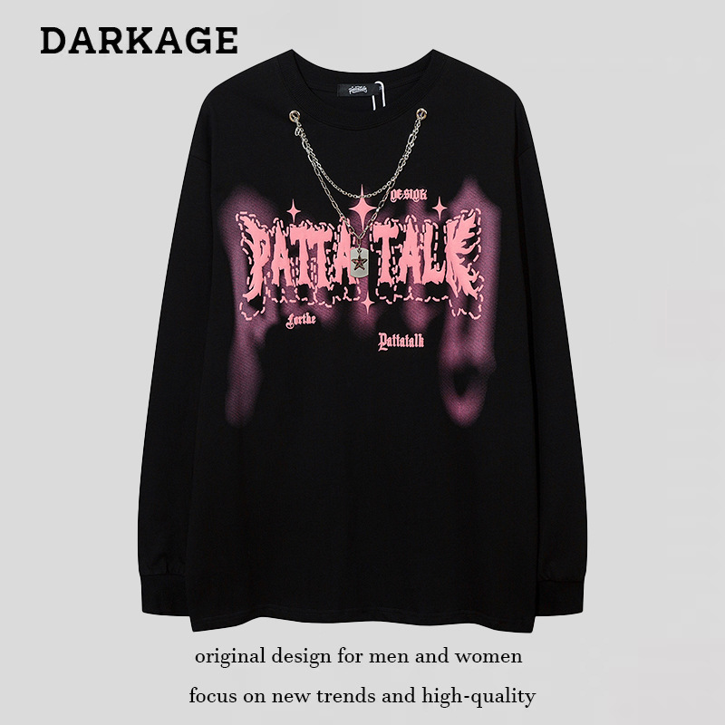 美式潮牌hiphop字母项链圆领卫衣男女宽松嘻哈长袖t恤情侣上衣tee