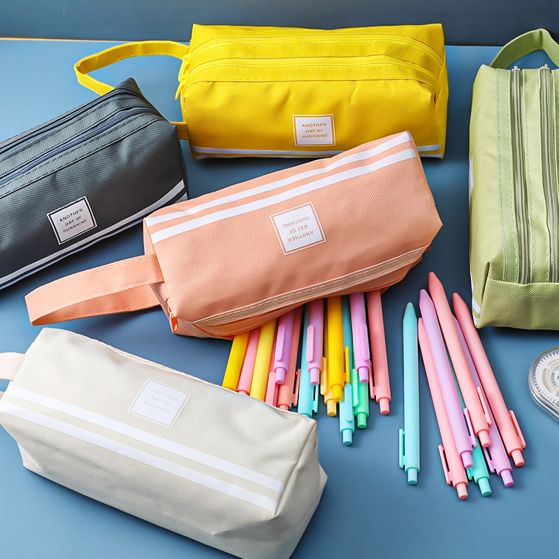 Minimalist Creative Double-Layer Solid Color Canvas Pen Bag Multifunctional Large Capacity Student Portable Stationery Storage Bag Pencil Box