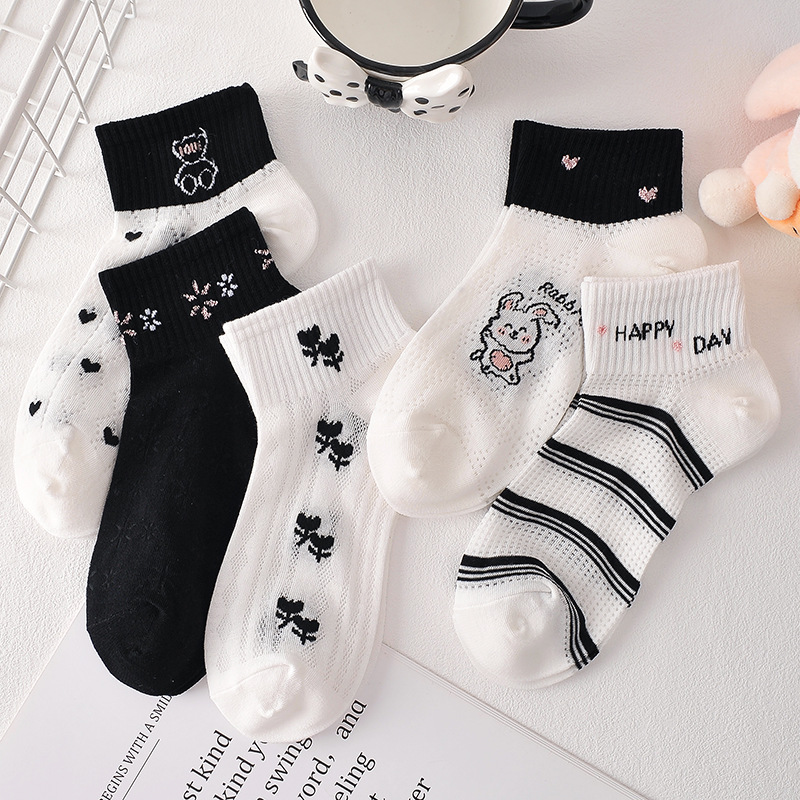 Socks Women's Black and White Mesh Breathable Ankle Socks Cotton Shallow Mouth Summer Thin Ins Fashion Low-Top Ankle Socks Factory Wholesale