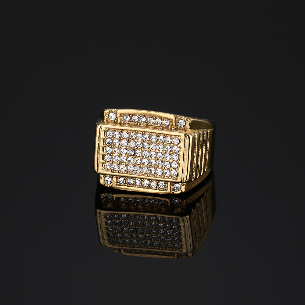 欧美跨境源头新品嘻哈满钻长方形钛钢镀金戒指ins指环现货批发