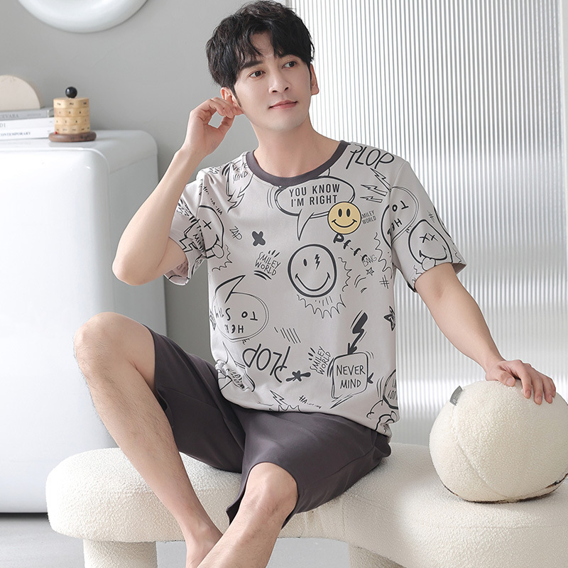 青少年睡衣男士夏季短袖紧塞纯棉宽松大码高中生20岁家居服男套装