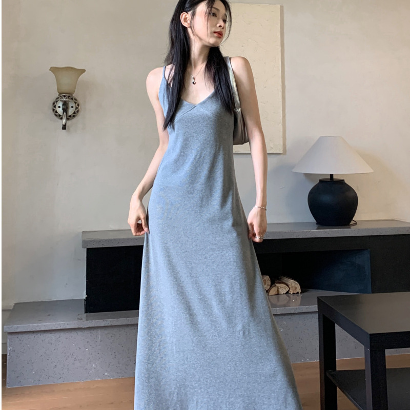 韩版垂感针织吊带裙简约气质连衣裙女夏季新款显瘦无袖a字长裙子