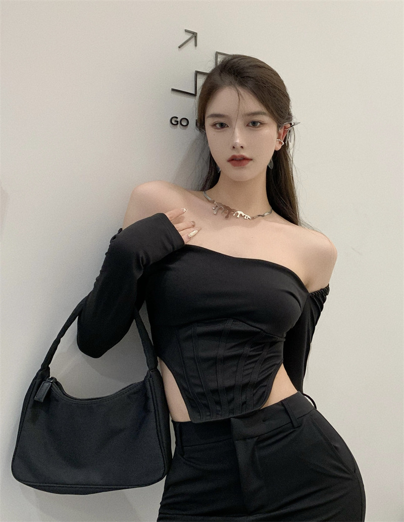 设计感小众低胸露背长袖t恤女纯欲风修身显瘦短款内搭打底衫上衣