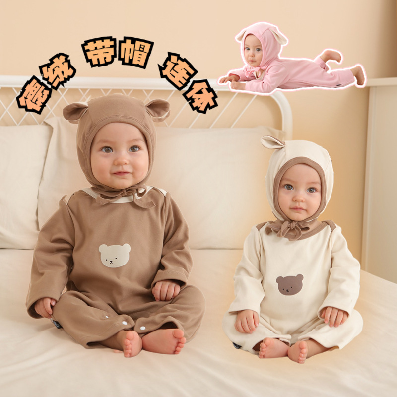 新款秋冬儿童德绒连体衣戴帽两件套 婴幼儿保暖男女宝宝爬服