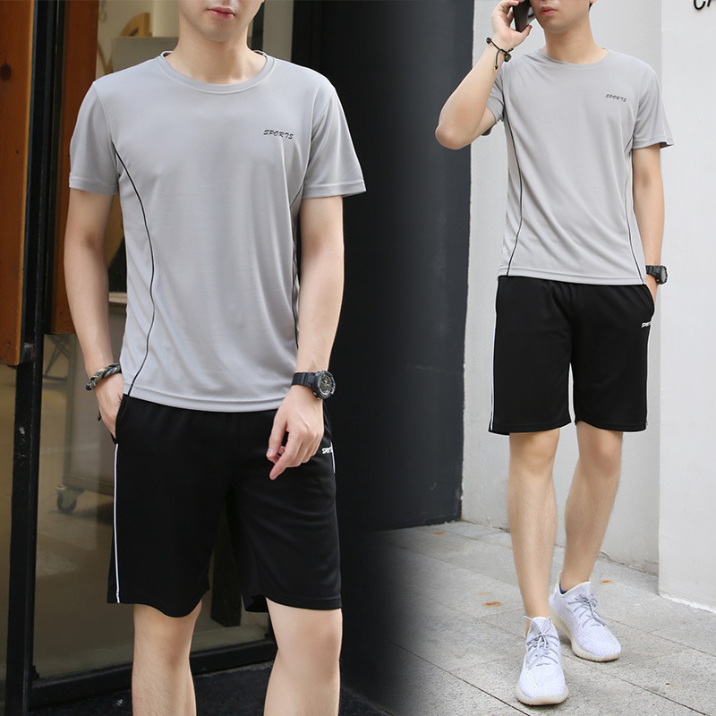 Sports Suit Men's Summer Ice Silk Short Sleeve T-shirt Two-Piece Fitness Loose Clothes Casual Running Sportswear