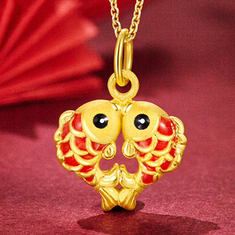 新年礼物年年有余鱼吊坠 镀24k金沙金烤彩吉祥鸿运双鱼吊坠项坠