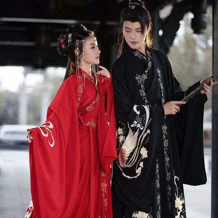 魏晋风古装男女cp款汉服情侣红色黑色中国风春秋日常大袖衫飘逸