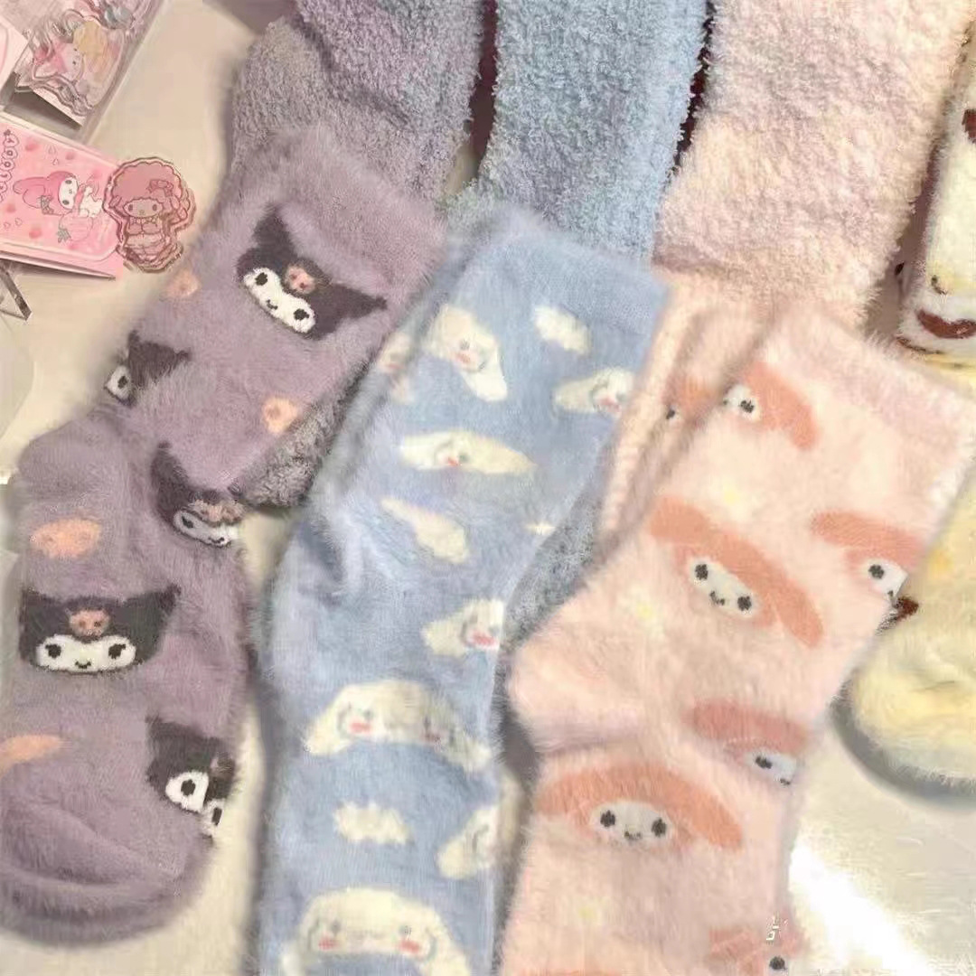 Sanrio Melody Cinnamoroll Babycinnamoroll Mink Fur Socks Women's Autumn and Winter Thermal Home Wear Room Socks Thick Sleep Maternity Socks