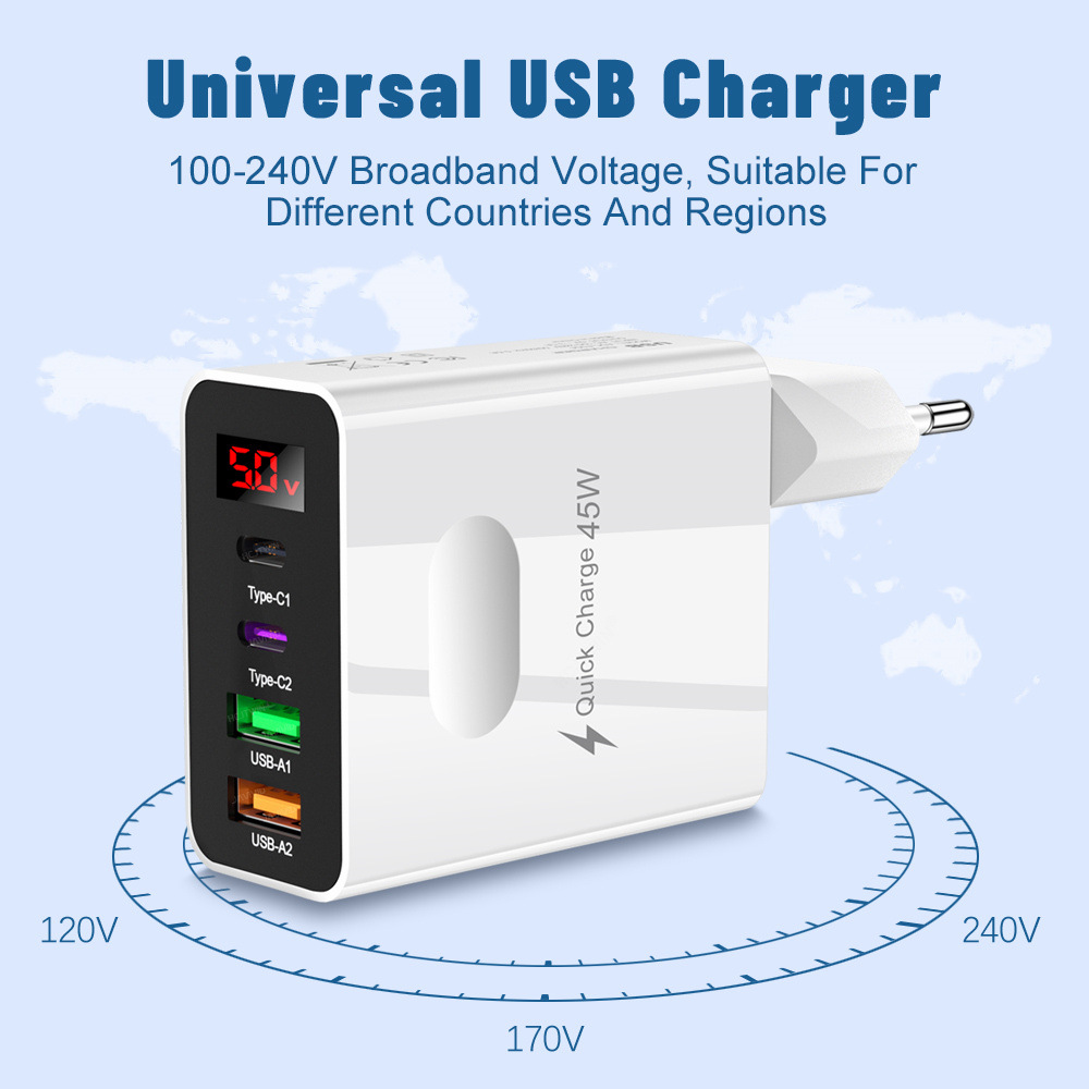 Digital Display 2usb + 2type-c Digital Display Mobile Phone Charger Multi-Port Charging Plug European and American British Regulatory Plug