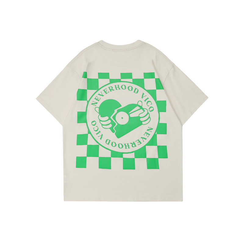 2022新款neverhood圆领男式格子爱心印花t恤男宽松型学生情侣短袖