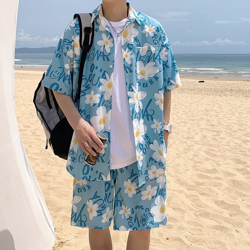 冰丝短袖花衬衫男士夏季薄款三亚度假衬衣夏威夷沙滩短裤速干套装