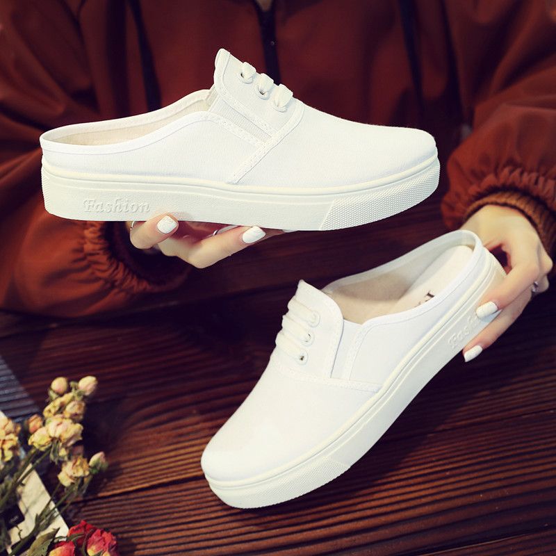 半拖帆布鞋女学生小白鞋夏无后跟外穿包头懒人鞋拖孕妇百搭凉拖鞋