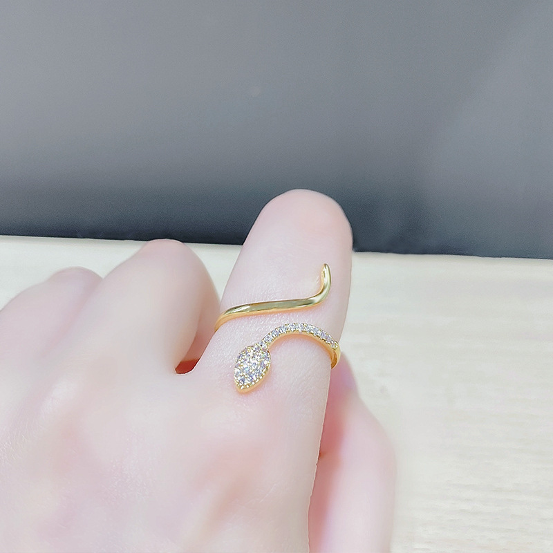 Elegant Trendy Micro-Inlaid Snake-Shaped Niche Open Design High Sense Ring Female Personality Stylish Index Finger Decorative Ring Female