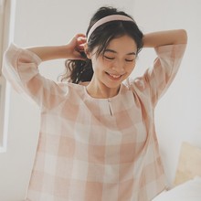 睡衣女春秋季套头睡衣女纯棉纱布七分袖全棉格子可外穿家居服夏天