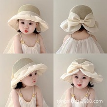 韩国风儿童蕾丝草帽 大蝴蝶结纱女童宝宝户外拍照凹造型遮阳帽潮
