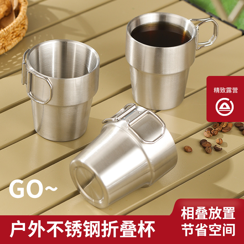 Cross-Border 304 Stainless Steel Folding Water Cup Ultra-Light Outdoor Camping Climbing Cup Double-Layer Insulated Mug Coffee Cup