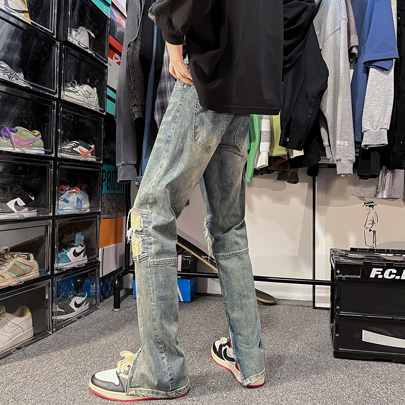   American High Street Washed Yellow Mud Jeans Men's oose Straight Vibe Style Fashion Zipper Beggar Ripped ong Pants