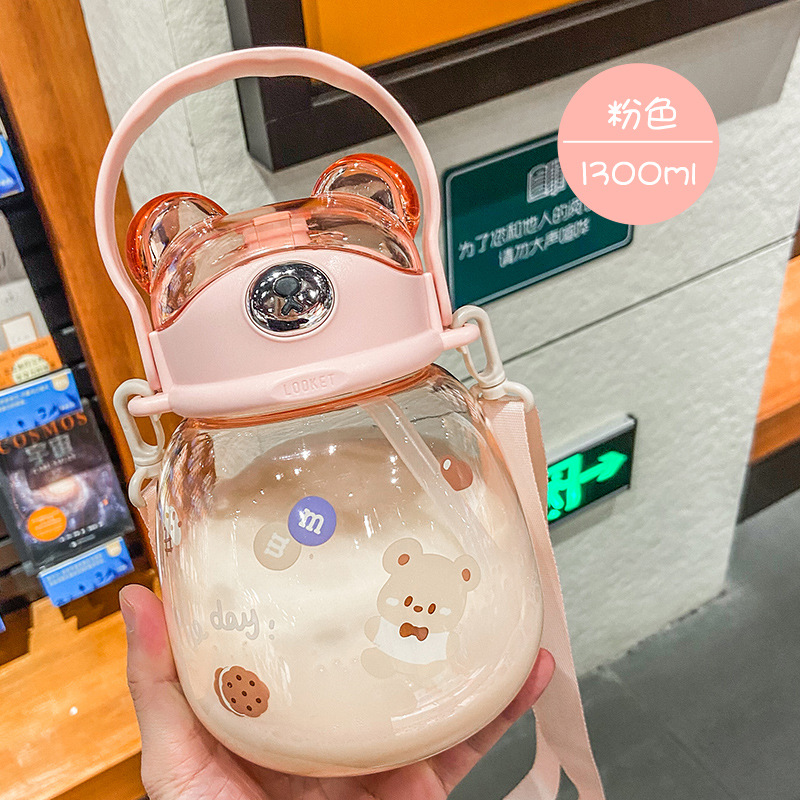 Bear Water Cup Cute Good-looking Girls with Straw Cup Big Belly Cup Plastic Cup Children School Kettle Student