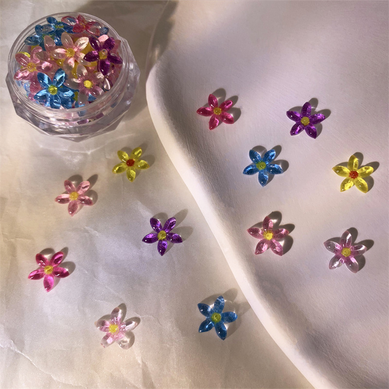 新款网红彩色冰花冰透立体五瓣花美甲饰品 diy装饰耳钉树脂配件批