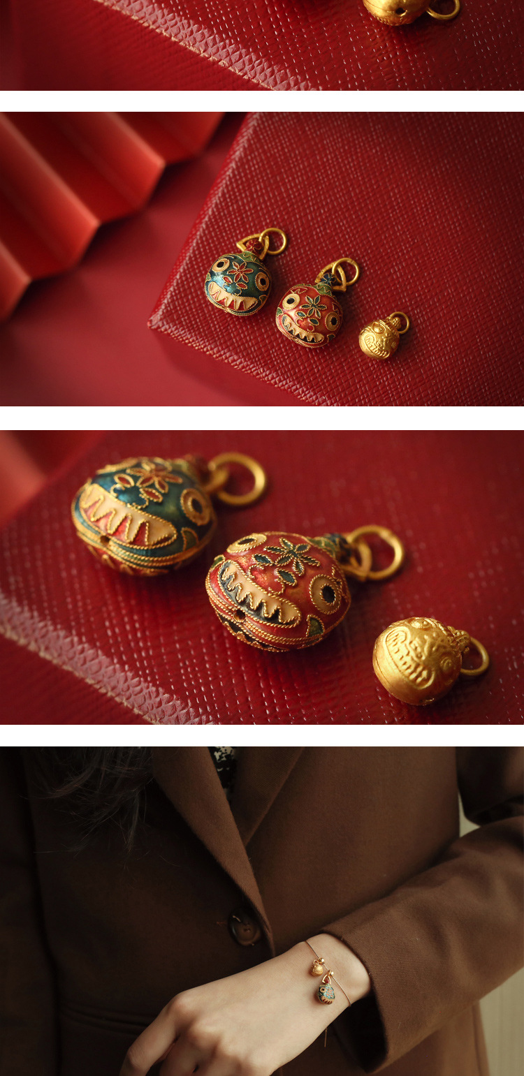 古法沙金烧蓝吞金兽一家三口全家福铃铛吊坠珐琅镀金配饰diy手链