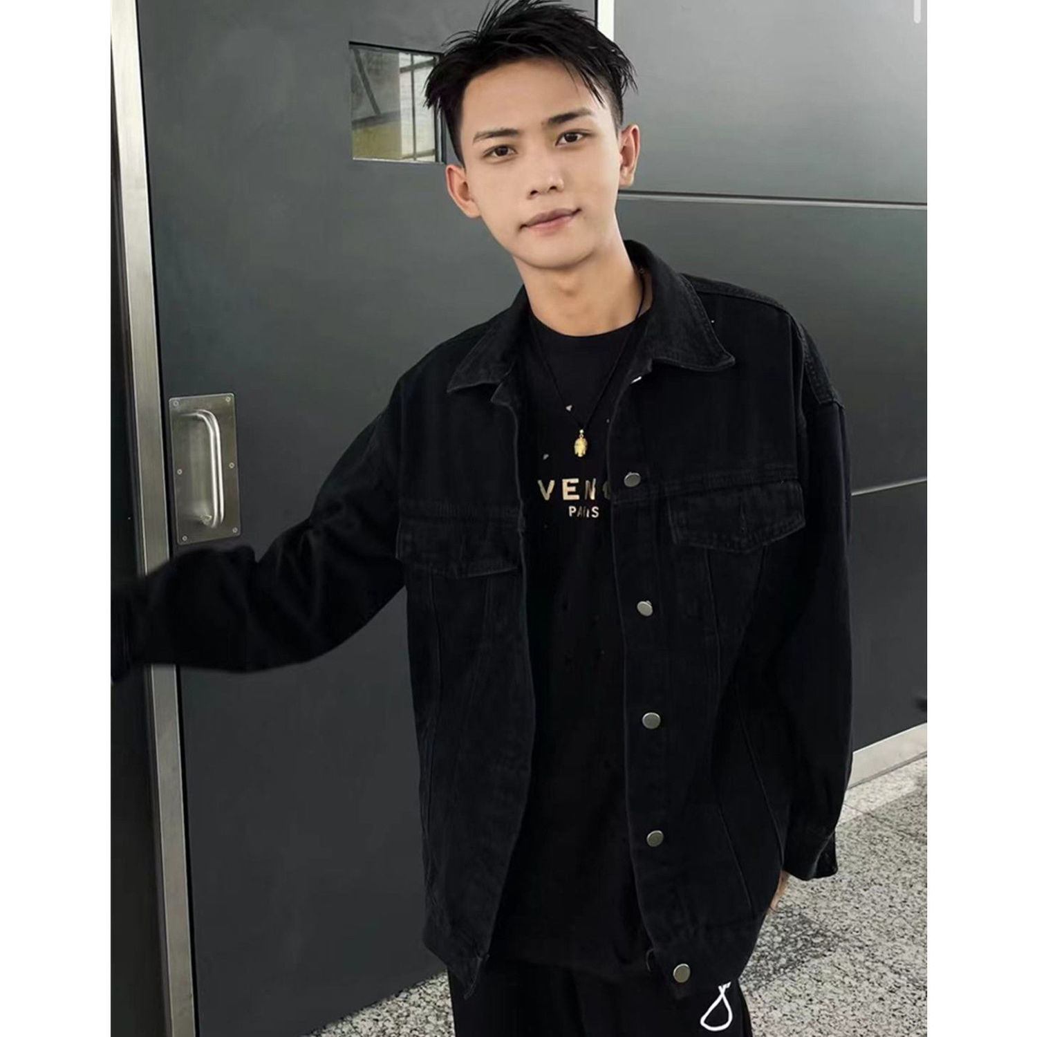 网红花百万同款潮男字母烫钻黑色牛仔外套韩版宽松百搭炸街上衣服