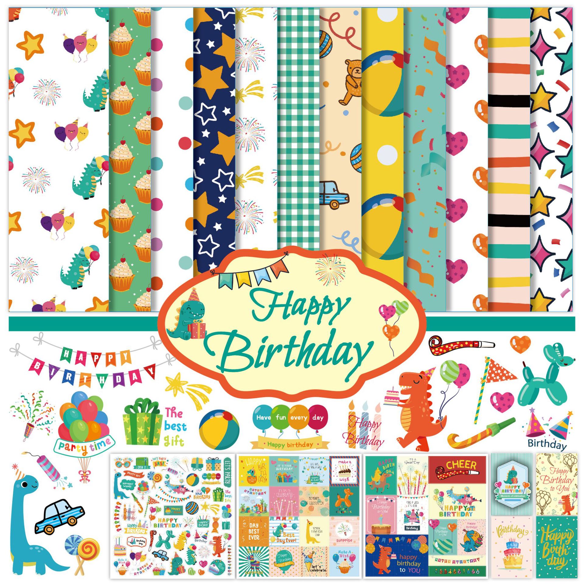 跨境happy birthday贴纸男孩diy装饰彩色派对系列生日贴纸套装