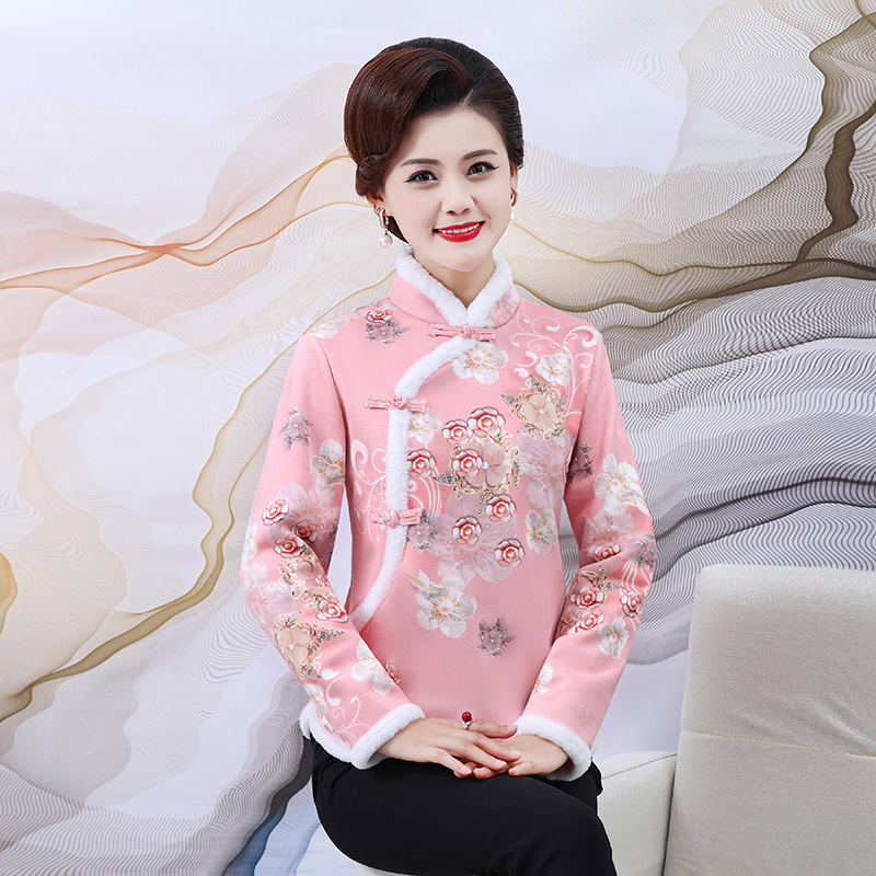 皮毛一体妈妈冬季中国风加绒旗袍上衣阔太太大码减龄复古保暖唐装