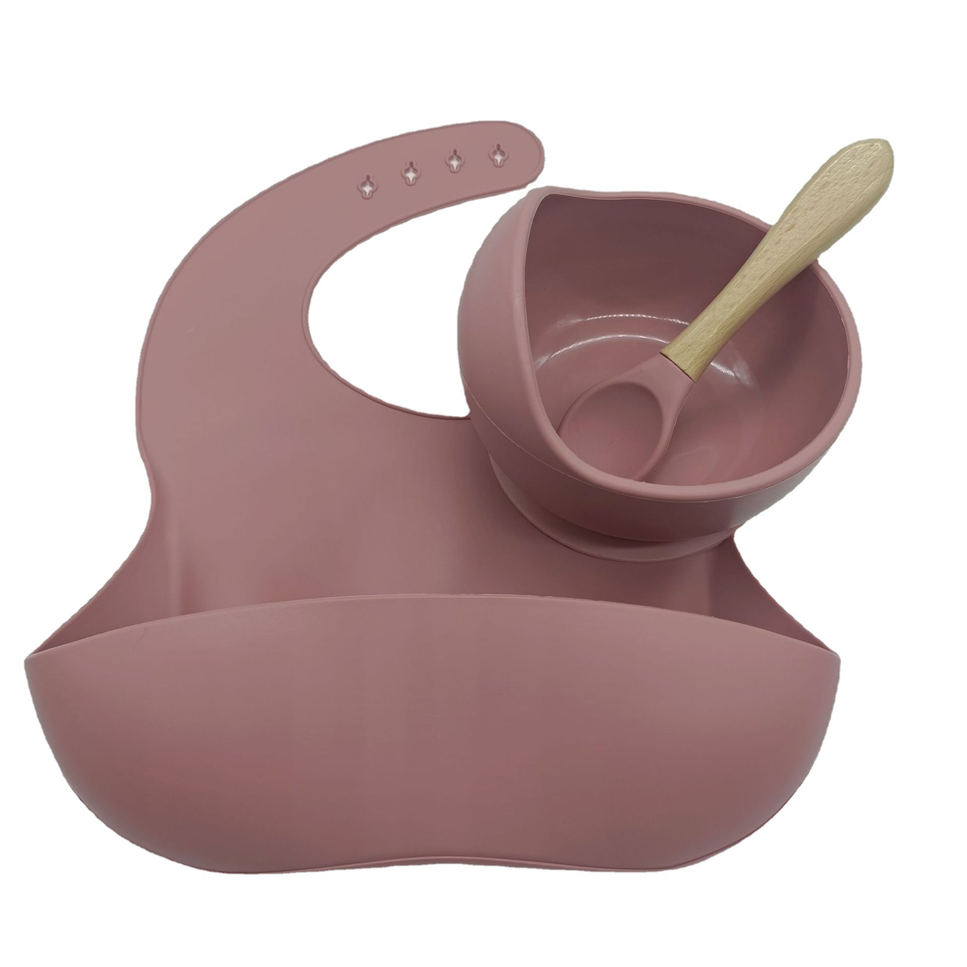 food grade silicone baby feeding tableware children eating training food supplement bowl wooden handle spoon three-dimensional bib waterproof