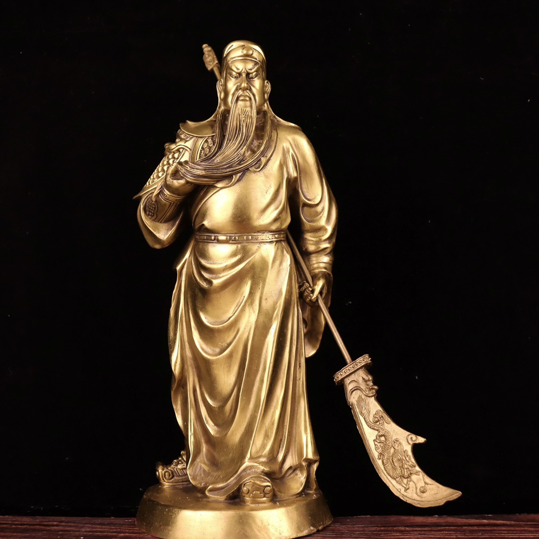 黄铜关公提刀武财神佛像关羽关二爷圆底座家居办公装饰工艺品摆件