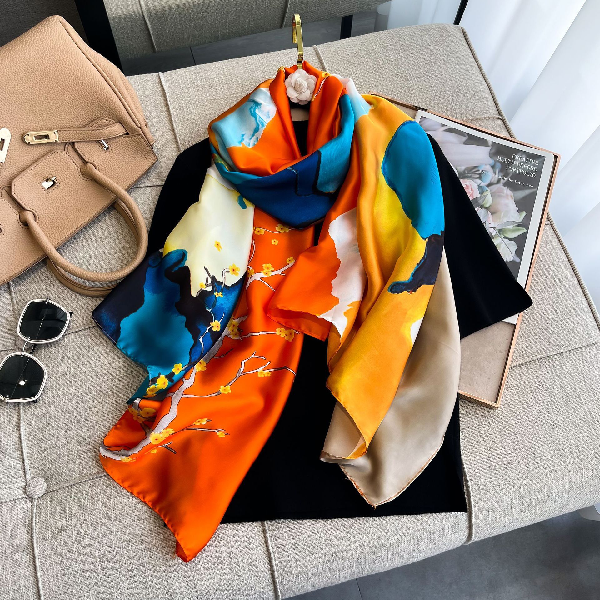 2024新款春夏杭州丝绸丝巾女仿真丝超大披肩护颈防晒遮阳围巾纱巾