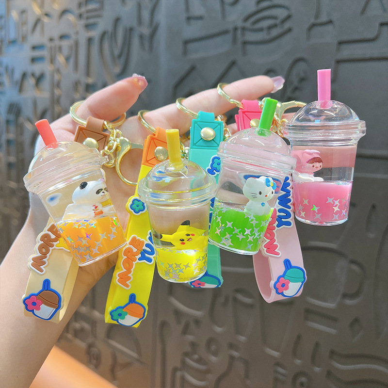 Creative New Oil-Filled Doll with Lid Milky Tea Cup Keychain Exquisite Cute Liquid Quicksand Pendant Gift Supply