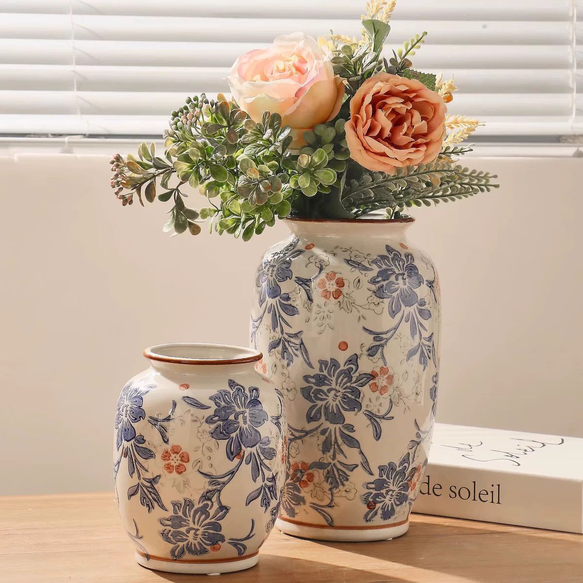 新中式中古青花瓷复古花瓶陶瓷鲜花仿真花客厅装饰品摆件插花花器