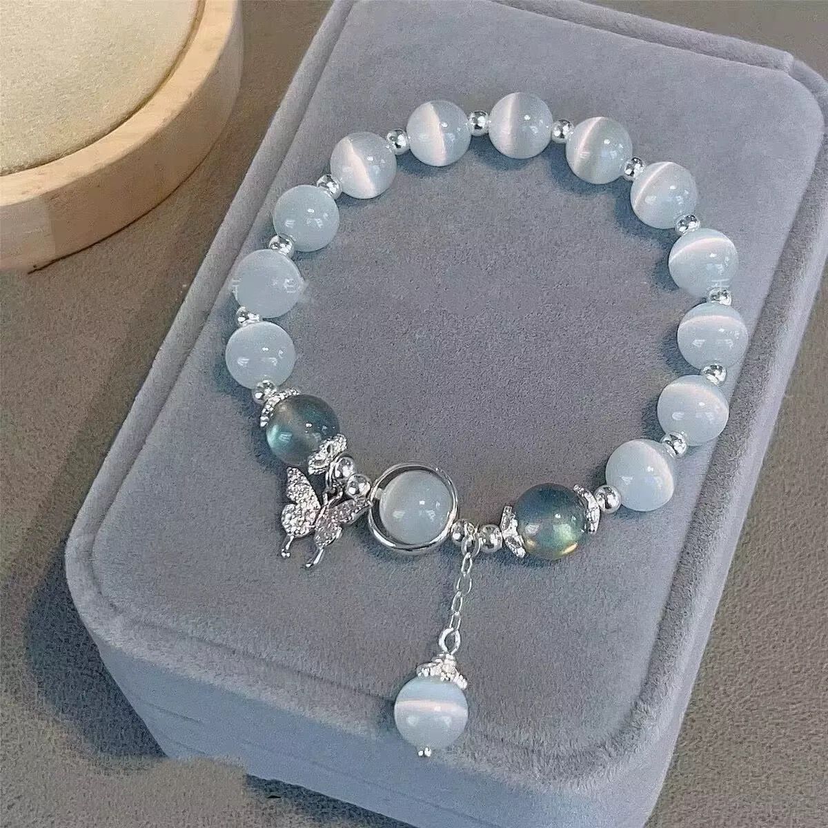 跨境爆款仿猫眼石蝴蝶吊坠手链女ins小众设计灰月光手串bracelets