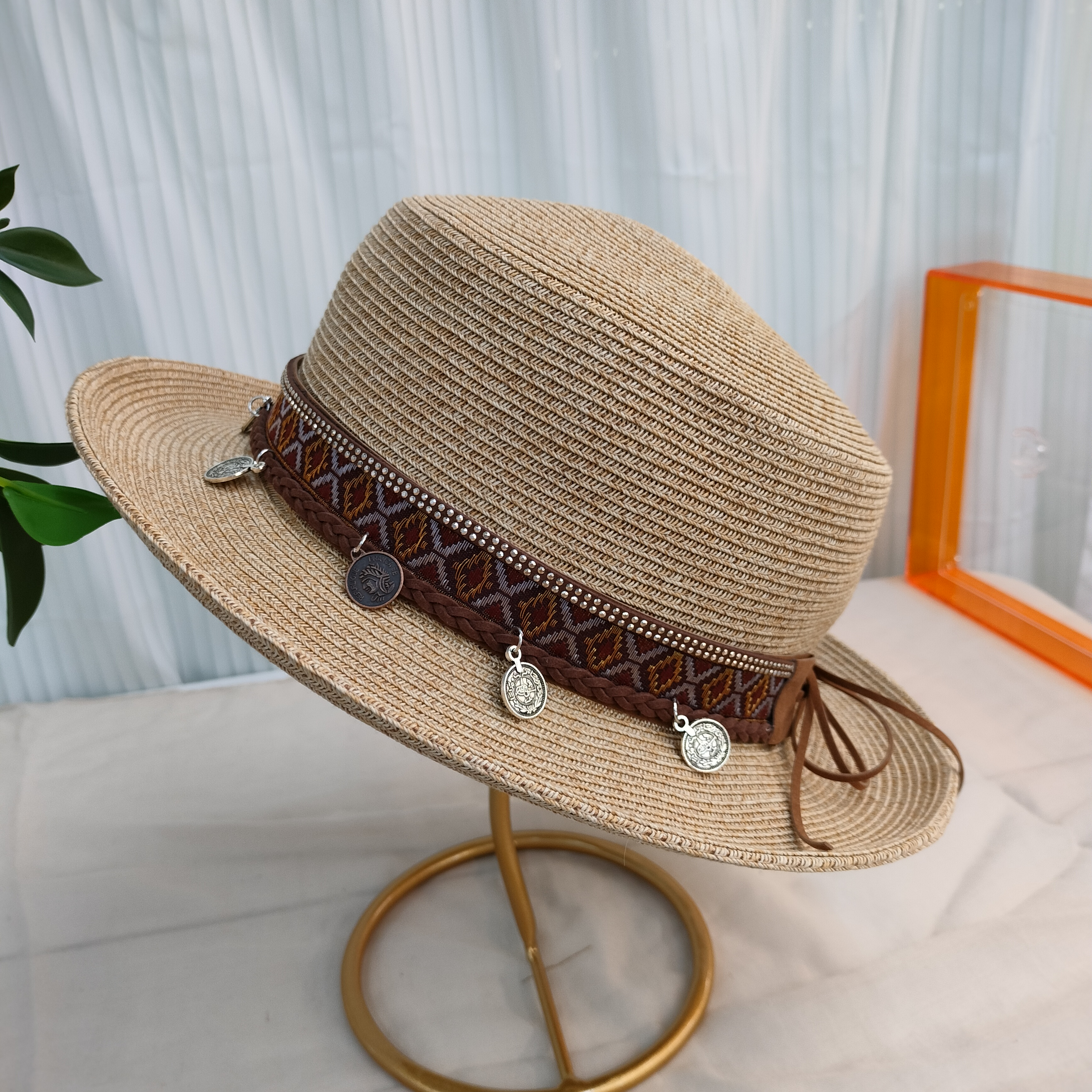 热带风情海边遮阳平顶帽 进口细纸草编织 金属绒线带 防晒女帽