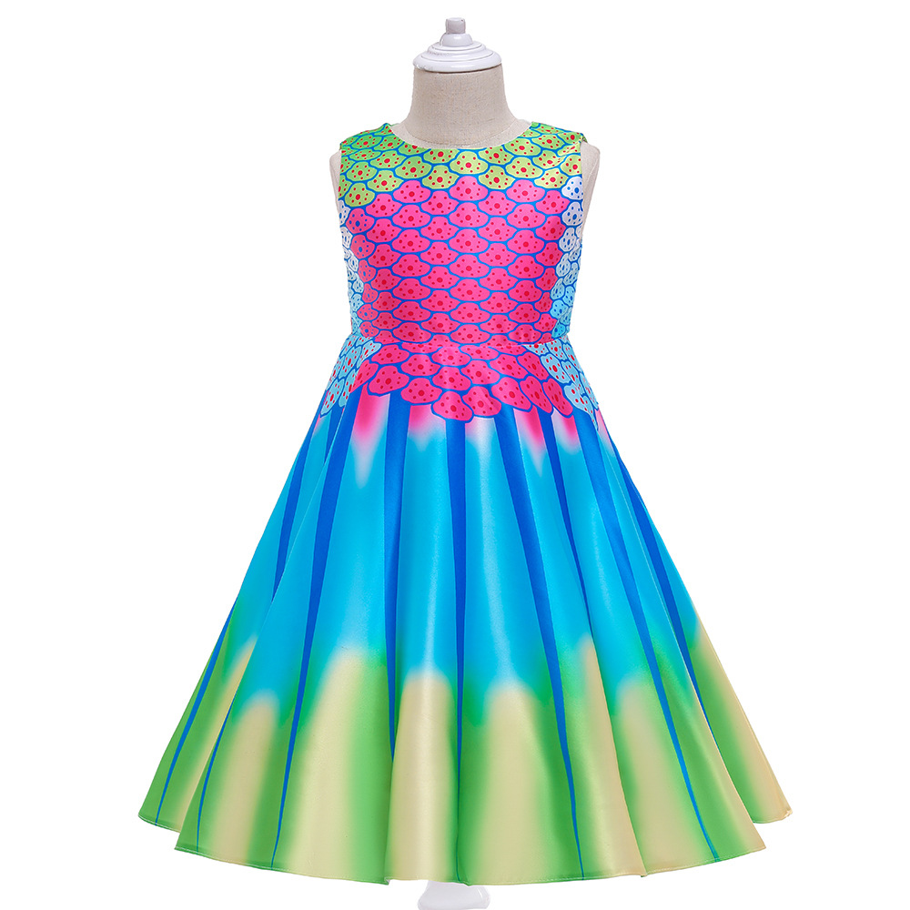 童装美人鱼女童连衣裙彩色渐变印花无袖长裙舞蹈表演服演出服走秀