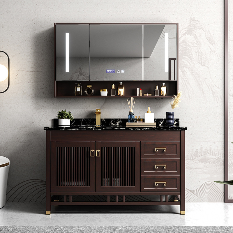 新中式岩板浴室柜组合实木橡木洗手池洗漱台洗脸盆柜组合卫浴柜
