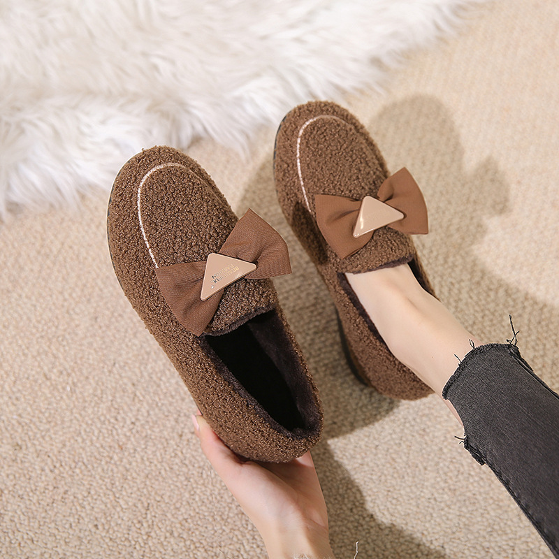 Winter New Korean Fashion Women's Cotton Shoes Fleece Lined Padded Warm Keeping Home Shoes Peas Shoes Bowknot Women's Shoes