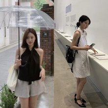 部分现 2024夏季新款韩国设计师优雅蝴蝶结挂脖背心上衣+连衣裙