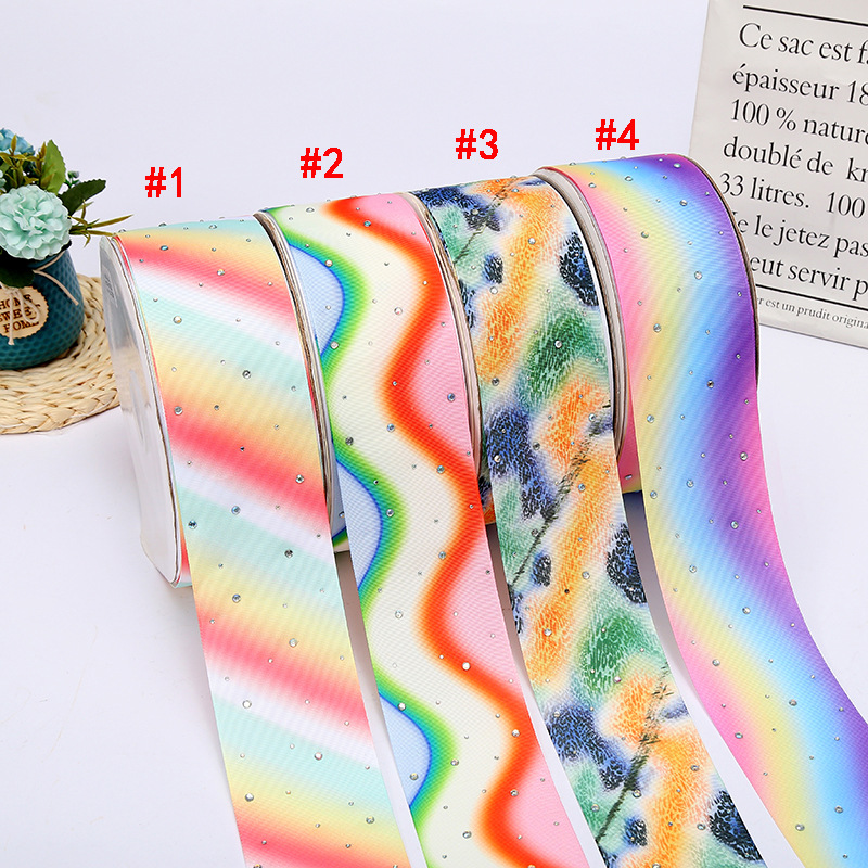 7. 5cm Wave Pattern Dacron Ribbon Colorful Rhinestone Printing Ribbon Clothing Gift Packaging Decorative Ribbon Wholesale