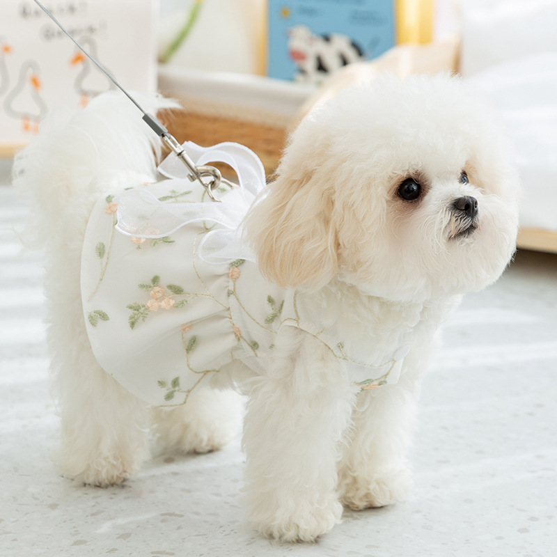 puppy dog spring and summer breathable lace ribbon floral double-layer princess dress cat teddy small and medium-sized dogs pet clothes