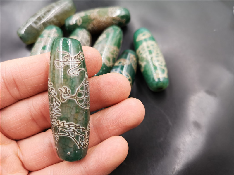 老玉匠 diy饰品配件绿玛瑙龙纹勒子 浅浮雕绿玉髓龙戏珠筒珠