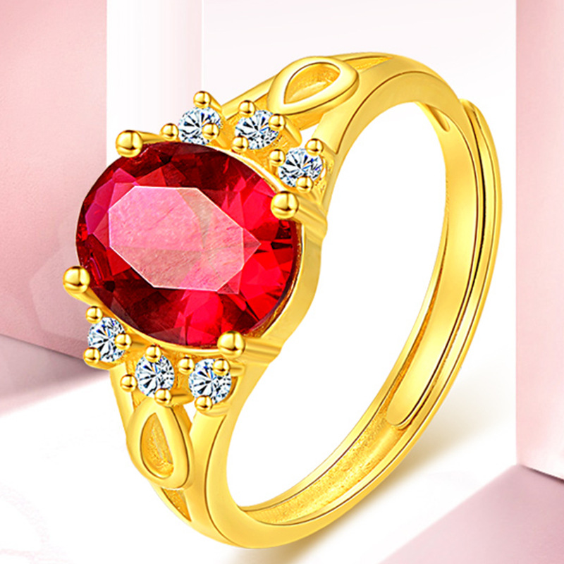 红润红宝石戒指 镀黄金镂空镶钻女戒 活口红钻订婚戒指红锆石钻戒