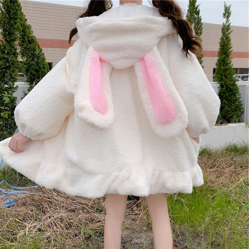 2023日系软妹兔子耳朵中长款连帽卫衣女装秋冬羊羔绒炸街外套女装