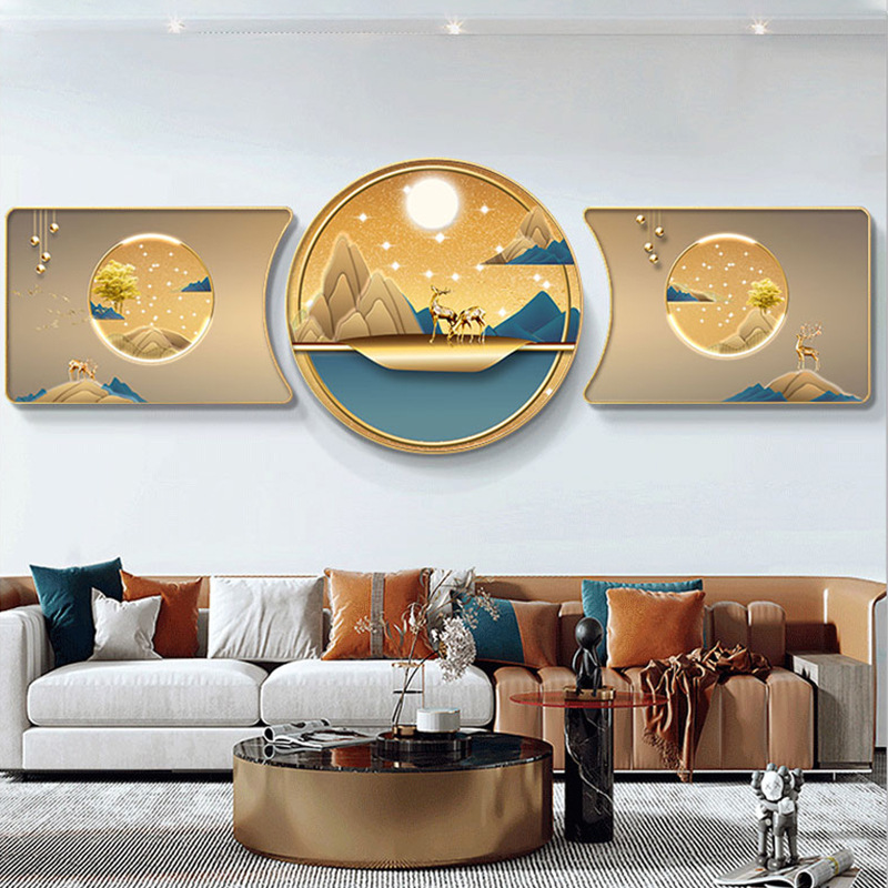 轻奢客厅装饰画现代简约沙发背景墙晶瓷圆形挂画三联福禄组合壁画