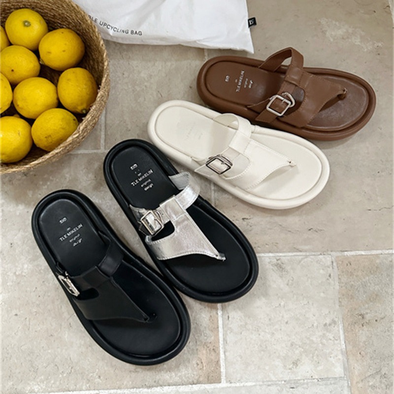 韩国设计感夹趾皮带扣厚底拖鞋高级感气质百搭沙滩凉拖-阿里巴巴