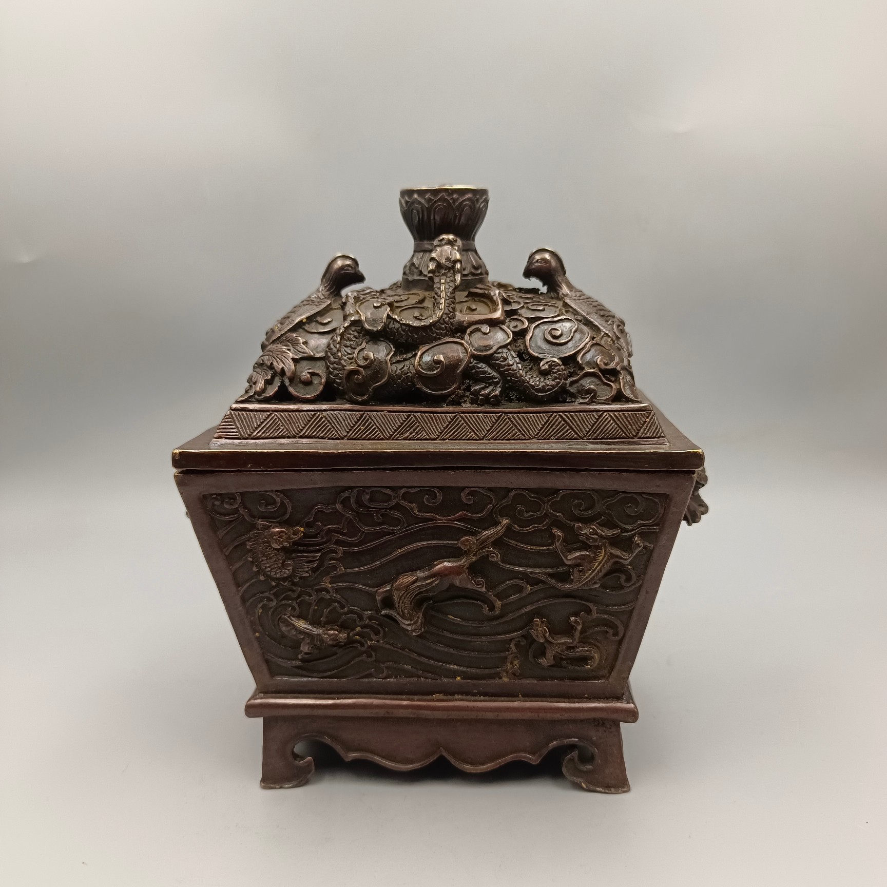 仿古狮头耳龙凤呈祥铜熏香炉 古玩铜器收藏铜摆件 家居装饰工艺品