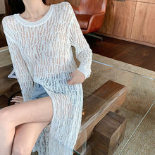 夏季新款长款镂空开叉薄针织衫防晒衫女装设计感空调衫上衣潮