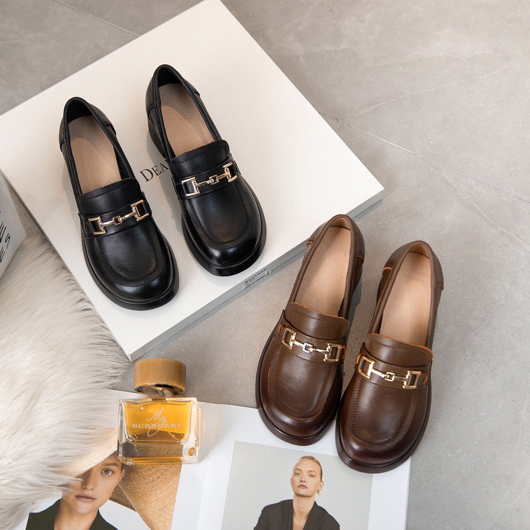 头层牛皮高跟乐福鞋女2022春季新款金属扣英伦风时尚休闲小皮鞋女