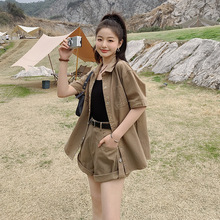 实拍复古工装衬衫短裤女两件套小个子夏季韩版时尚休闲设计感套装